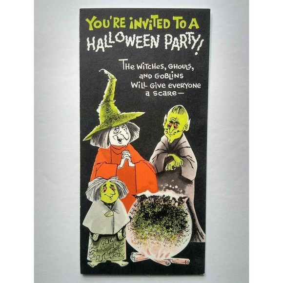 Halloween Greeting Card Vintage Party Invite Green Face Goblins Witch Cauldron - Picture 3 of 6